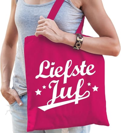 Liefste juf katoenen kado tas fuchsia roze - Jufdag / einde schooljaar cadeau