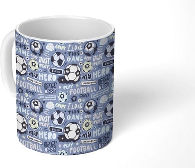 Mok - Koffiemok - Patronen - Voetbal - Blauw - Jongens - Kinderen - Kids - Jongetje - Mokken - 350 ML - Beker - Koffiemokken - Theemok