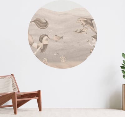 Muurcirkel zelfklevend behang - Zeemeerminnen wereld in taupe - Wanddecoratie - 080cm behangcirkel - Ronde sticker voor aan de muur - Behangsticker verkrijgbaar in verschillende formaten