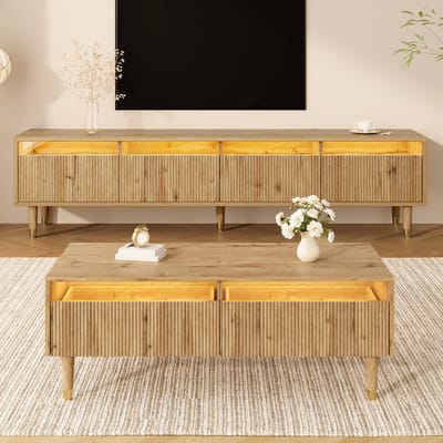 REDOM - Woonkamerset - Ledverlichting En Golfstructuur - Modern - Voor Woonkamer - MDF - Houtkleur-Goud