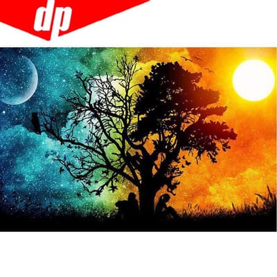 5D Diy Daimond Schilderij Volle Zon & Nacht Boom Foto's Steentjes Diamant Mozaïek Diamant Borduren 20X30 black