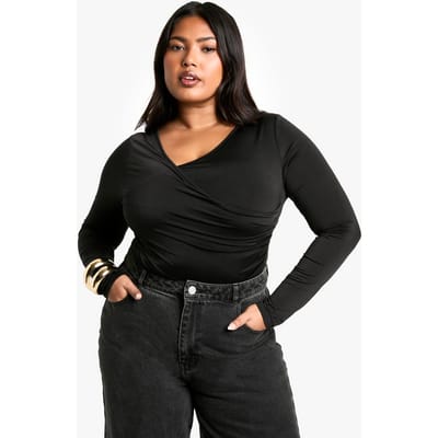 boohoo Dames Plus Double Layer Geraffeld V-Hals Bodysuit | Zwart | Maat: 54