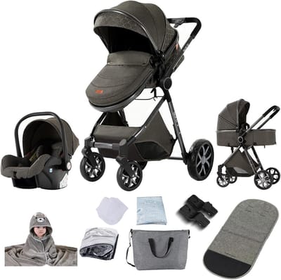 3-in-1 Kinderwagen Trio met Omkeerbare Duwstang en Inklapbaar Aluminium Frame