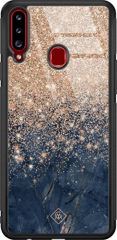 Casimoda® hoesje - Geschikt voor Samsung Galaxy A20s - Marmer Blauw Rosegoud - Luxe Hard Case Zwart - Backcover telefoonhoesje - Blauw