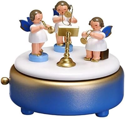 Houten Muziekdoos Blauw Wit Goud Met Engelen Handgemaakt 12 cm