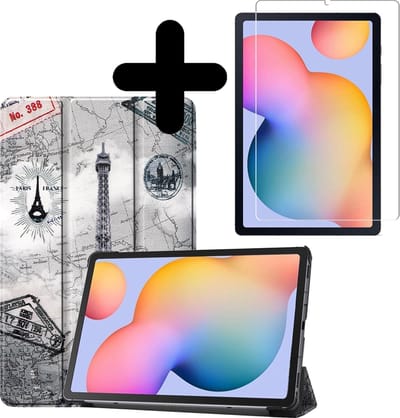 Hoesje - Geschikt voor Samsung Galaxy Tab S6 Lite - Met Screenprotector - Hardcover Book Case - Trifold Bookcase Hoes - Hard Cover - Tablethoes - Eiffeltoren