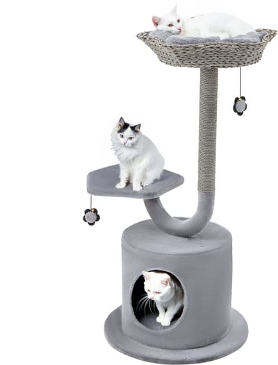 COSTWAY Krabpaal, 106 cm kattenboom met gebogen metalen frame, krabzuil, ligoppervlak en hol, kattenkrabpaal, klimboom, kattenhuis, kattenmeubel voor grote en kleine katten, grijs