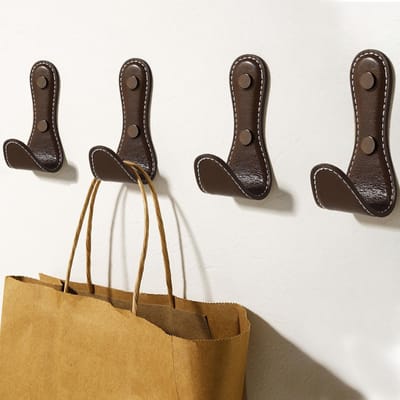 VHV - Wandhaken - Kapstokhaken - Leren haken - Lederen ophanghaken - Set van 4 - Voor handdoeken, jassen en tassen - Voor hal, slaapkamer en badkamer - Koffiebruin