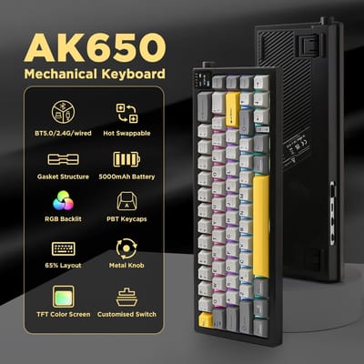 AJAZZ AK650 TFT-kleurenscherm Flyfish-schakelaar Mechanisch toetsenbord BT5.0 / 2.4G / bedraad Hot Swappabio Zuid-gericht LED's