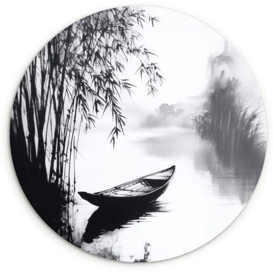 WallCircle® Wandcirkel 120x120 cm - Muurcirkel Boot - Rivier - Bamboe - Wit - Muurdecoratie woonkamer - Wanddecoratie slaapkamer - Kamer decoratie accessoires - Ronde schilderijen XXL