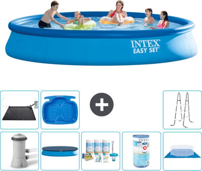 Intex Rond Opblaasbaar Easy Set Zwembad - 457 x 84 cm - Blauw - Inclusief Pomp - Afdekzeil - Onderhoudspakket - Filter - Grondzeil - Solar Mat - Ladder - Voetenbad - 9-delig