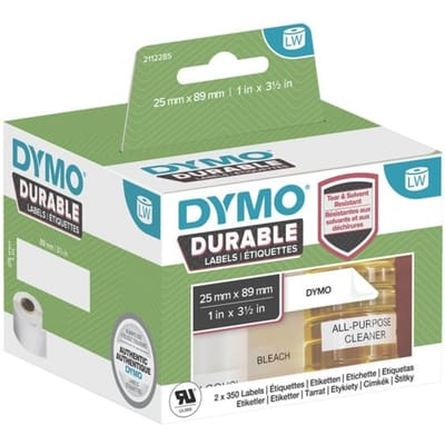 DYMO originele Duurzame LabelWriter labels | 25 mm x 89 mm | Witte Poly | 2 rollen met elk 350 labels (700 zelfklevende etiketten) | Stevige labels voor de LabelWriter labelprinters