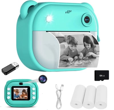 ECTEATOY Kids Print Camera - Pocket printers - Mini cameraprinter - 1080P - Klik om foto's af te drukken - 64GB SD Kaart & Kaartlezer - Inktloos printen via Bluetooth in HD-kwaliteit - Compatibel met Android- en iOS-apps - Groen