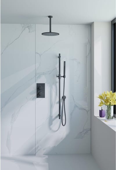 FugaFlow Eccelente Acces Inbouw Regendoucheset - thermostatisch - plafondarm - glijstang - 25cm hoofddouche - staaf handdouche - metalen doucheslang - mat zwart