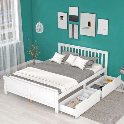 DESMIU Houten Bed 140x200 cm – Tweepersoonsbed Met 2 Opberglades – Stevig Frame Met Middenpoot – Voor Jeugd En Volwassenen – Wit – Zonder Matras