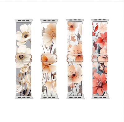 Gemengde kleuren smartwatch bandjes set – 4 stuks – horloge band – dames en heren – elastische nylon strap – bloemen print – geschikt voor Apple Watch 42mm (serie 1 / 2 / 3) / 44 mm / 45 mm / 46 mm (serie 10 / 11) / 49 mm (Ultra / Ultra 2)