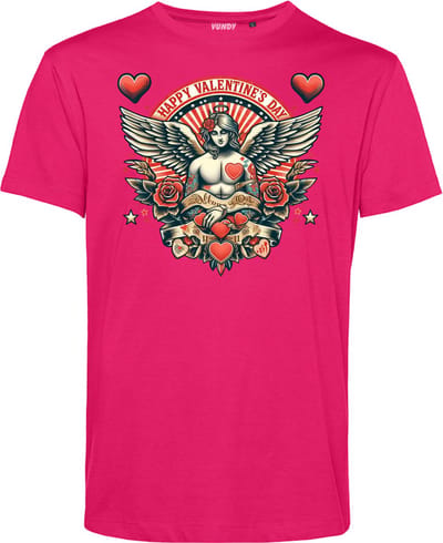 T-shirt Happy Valentines Angel | Valentijn cadeautje voor hem | Valentijn | Valentijnsdag voor mannen | Fuchsia | maat XS