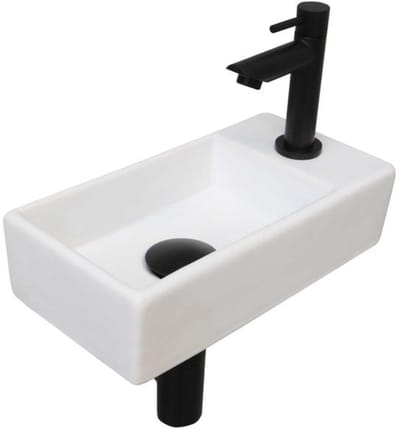 INK - Fonteinpack Porselein Rechts incl. Fonteinkraan - Design Sifon - Design Plug en Montageset - 360x180x90 Mm - Mat Wit/mat Zwart