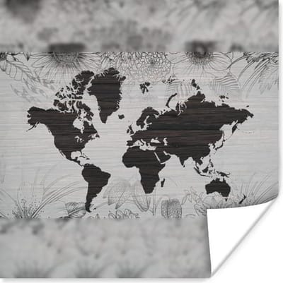 Poster 30x30 cm - Wereldkaart - Bloem - Bruin - Posters - Kamer decoratie - Wanddecoratie woonkamer - Muurdecoratie slaapkamer