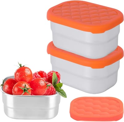 Set van 3 voedselcontainers, 230ml roestvrijstalen snackdozen met silicone deksel, lekvrije opbergdozen voor snacks, kruiden en dips, ideaal voor salades en maaltijden