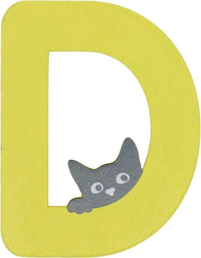 Houten Letter D Geel met Kat | 9 cm