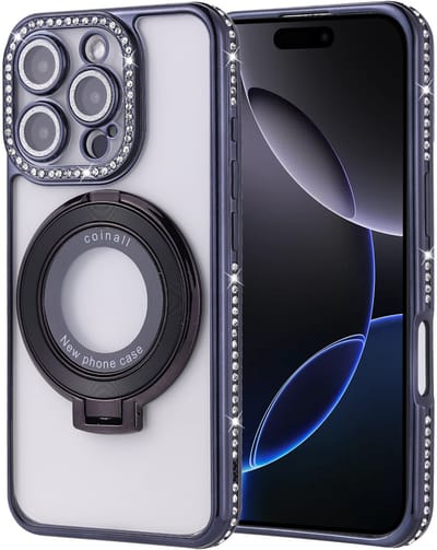 Hoesje Geschikt voor iPhone 16 Pro Max Magsafe hoesje Zwart - Lens beschermer ring Luxury Bling Sparkly Diamond backcover