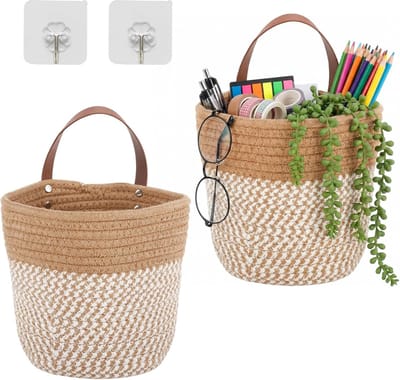 2 hangende manden van katoentouw, 16 x 18 cm wandmanden met handvat voor badkamer, keuken & kamer, opbergoplossing, home organizer, ruimtebesparend cadeau