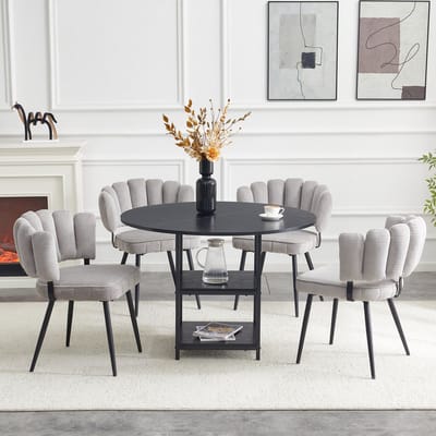 MODENUIT Eetkamerset 4-persoons - Ronde Tafel 107 cm met 2 Opbergplanken - Voor Eetkamer - MDF - Zwart Grijs