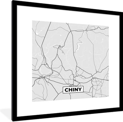 Fotolijst incl. Poster Zwart Wit- België – Chiny – Stadskaart – Kaart – Zwart Wit – Plattegrond - 40x40 cm - Posterlijst