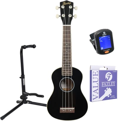 Sopraan ukelele starterset - incl. tuner, snaren en standaard - Zwart Fazley K21B-W