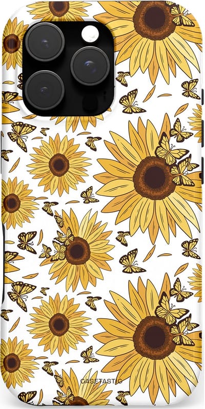 Casetastic hoesje geschikt voor Apple iPhone 16 Pro - MagSafe - Dubbellaagse bescherming - Zonnebloem Zomer met vlinders - Fashion Case - Goud Beige Wit