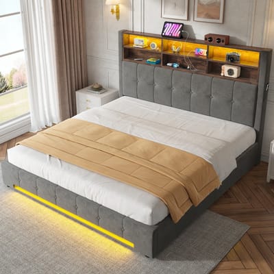 MIVRAY Bed 180x200 cm Zonder Matras - Velours Bed Met 6 Opbergvakken, USB C, LED En Hydraulische Opbergruimte - Metaal - Donkergrijs