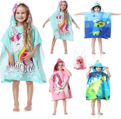 Kinderen Bad Poncho met Kap, Microvezel Handdoek, Zacht en Absorberend, Ideaal voor Strand en Zwemmen, Poncho met Trekkoord voor Jongens en Meisjes