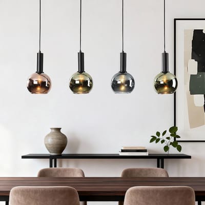 LumenXL 4-lichts hanglamp Imke - grijsblauw smoke-, groen- - koperglas