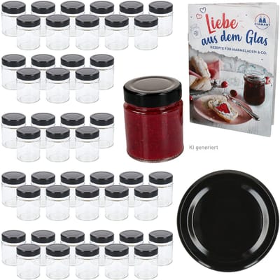 48-delige set jampot / hoge randpot 161 ml Deep TO 58 (DTO) zwarte deksel inclusief receptenboekje