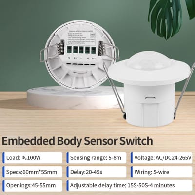 AC 24V-265V Menselijk Lichaam Infrarood Sensor Schakelaar Instelbare 360° Detectie PIR Infrarood Detector Lamp Lichtregelschakelaar White white