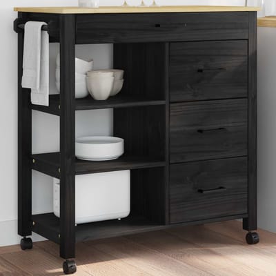 vidaXL - Keuken - Trolley - MONZA - Zwart - 84 - x - 40 - x - 88,5 - cm - Massief - vurenhout