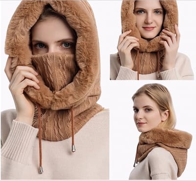 Winter Bont Muts Masker Set – Gebreide Kasjmier Hoed met Fluffy Capuchon, Warme Ski Winddichte Hals, Pluche Hoed voor Vrouwen, Sjaal en Gezichtsmasker Set voor de Koude Maanden