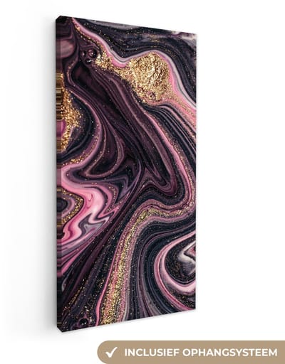 Canvas schilderij 20x40 cm - Wanddecoratie Marmerlook - Roze - Paars - Goud - Luxe - Marmer - Muurdecoratie woonkamer - Slaapkamer decoratie - Kamer accessoires - Schilderijen op canvas