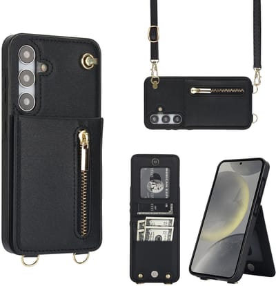Multimedia & Accessoires Stijlvolle Leren Fashion Backcover Case Hoesje met Koord, Stand Ritsvak en Pasjeshouders geschikt voor Samsung Galaxy S25 - Zwart