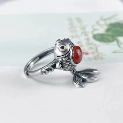 Stereoscopische Ambachten Koi Schattige Vis Ringen Voor Vrouwen Chinese Stijl Zuidelijke Rode Toermalijn Ring Retro Eenvoudige Sieraden resizable gray