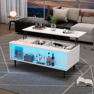 BLACKCOLORS 105 x 50 x 43 cm Salontafel In hoogte verstelbare salontafel met verborgen opbergruimte, salontafel met ledverlichting, salontafel met opbergruimte en displayoppervlak van gehard glas, wit Met 4 poten