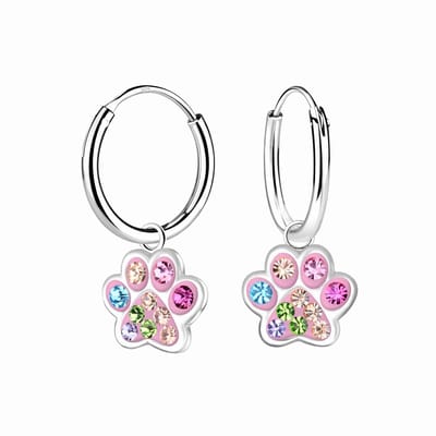 K3 - Zilveren oorringen met roze dierenpoot en kristallen - 8mm