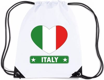 Italie thema sporttas - nylon rijgkoord rugzak - wit met hartjes vlag print - supporters - 11 liter - 45 x 34 cm
