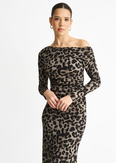 Grijze jersey midi-jurk met dierenprint en één schouder