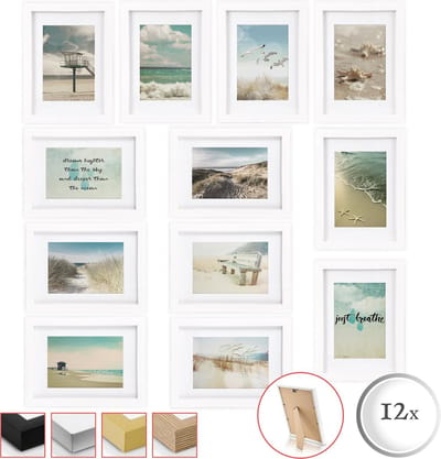 bomoe Ocean Set van 12 Fotolijsten Houten Picture Frames 12 x 13x18cm Kunststof glas Fotolijst van Hout - Metalen Ophanging - Standaard & Passepartout - Wit