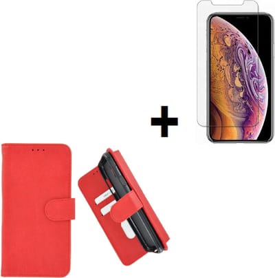 Geschikt voor iPhone 11 Pro Hoes Pearlycase Cover Wallet Book Case Rood + Screenprotector Tempered Gehard Glas