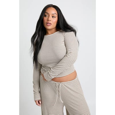 boohoo Dames Plus Lange Mouwen Gestreept Baby T-Shirt | Steen | Maat: 44