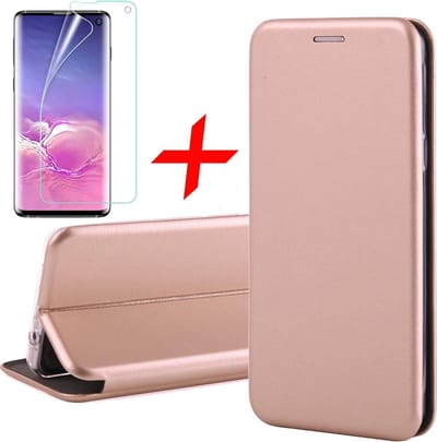 Hoesje geschikt voor Samsung Galaxy S10 - Screen Protector PET - Book Case Kunstleer ThinShield Roségoud & Screenprotector
