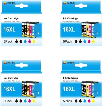 INKFIND 16XL Inktcartridges voor Epson16 Epson16XL Epson 16XL | multipack van 20 stuks (4 x 5pack= 8 x Zwart, 4 x Cyaan, 4 x Magenta, 4 x Geel) voor Epson Workforce WF-2010W/2510W/2520NF/2530WF/2540/2630WF/2650WF/2660WF/2750DWF/2760DWF